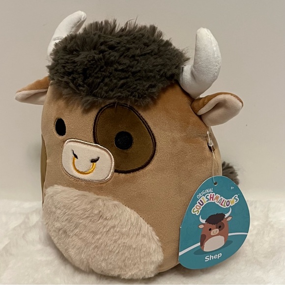 Squishmallow Shep Brown Bull 🐮, Nose Ring, Buffalo Ox Cow Clover, 7” New - Picture 3 of 9